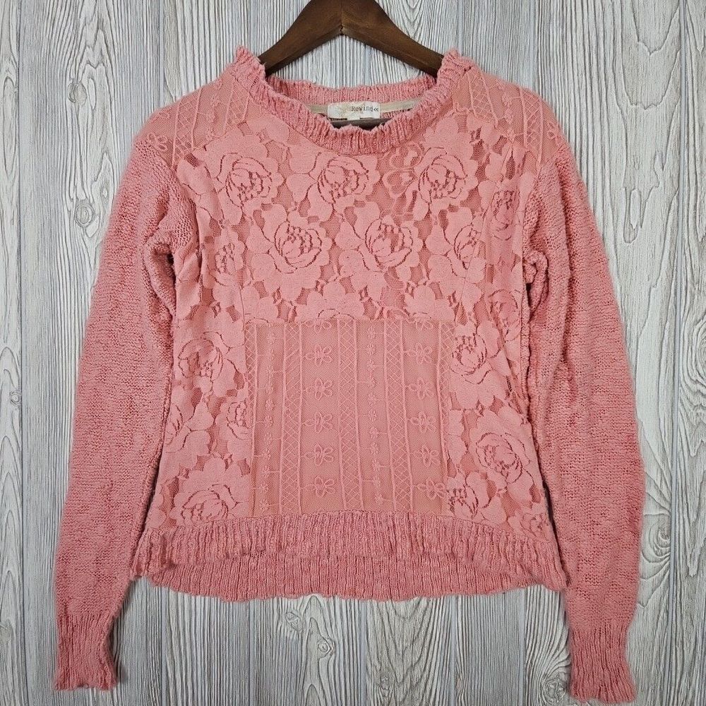 Rewind Sweater Womens Small Pink Floral Lace Knit Ruffled Hem Collar Cottagecore